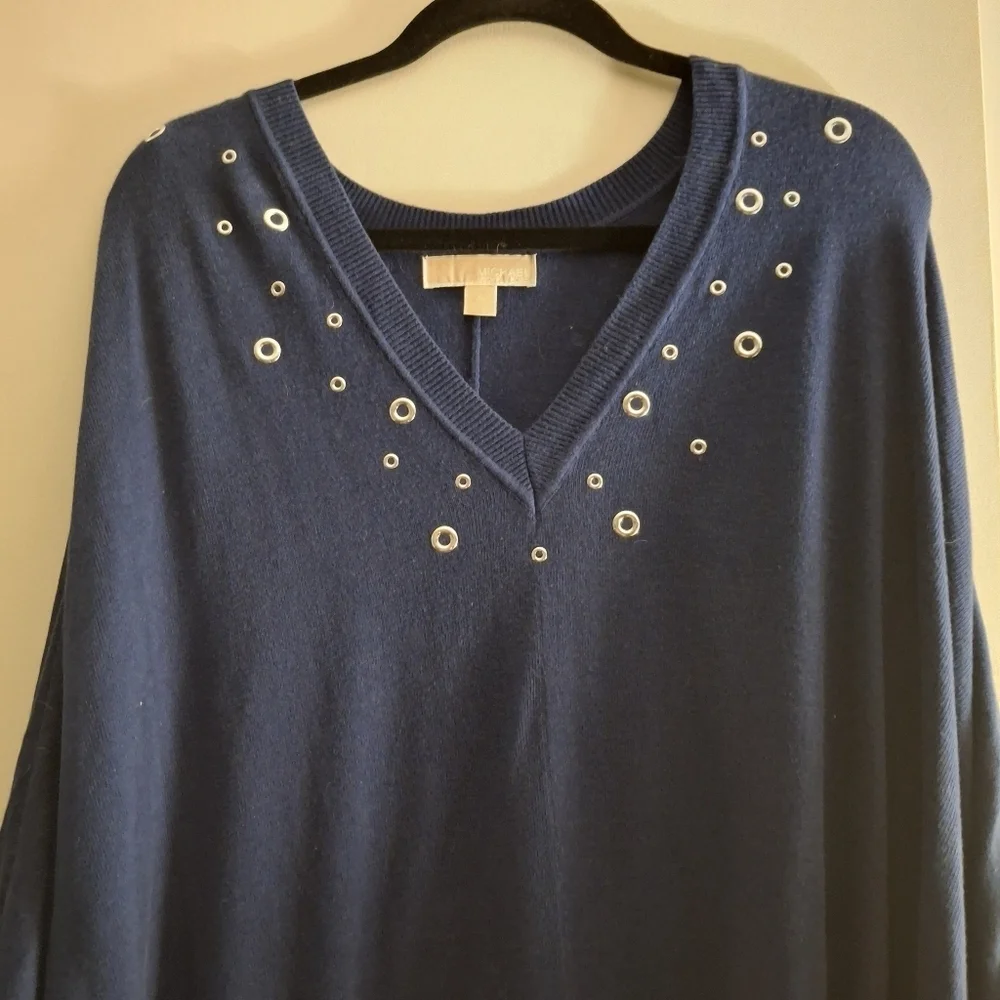 Michael Kors Dark Blue Knit Women's Poncho Sweater With Silver Grommets